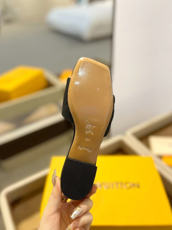 LV Neo Revival Mule Flat Black Embossed Logo Cowhide