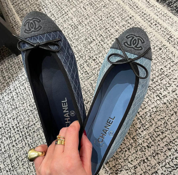 CC 25 Ballet Flat Blue Denim White Quilted