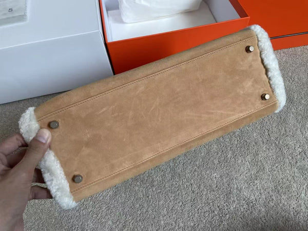 HM Kelly 35cm Teddy Plush Shearling Marrone Chiaro Suede Hardware Palladio