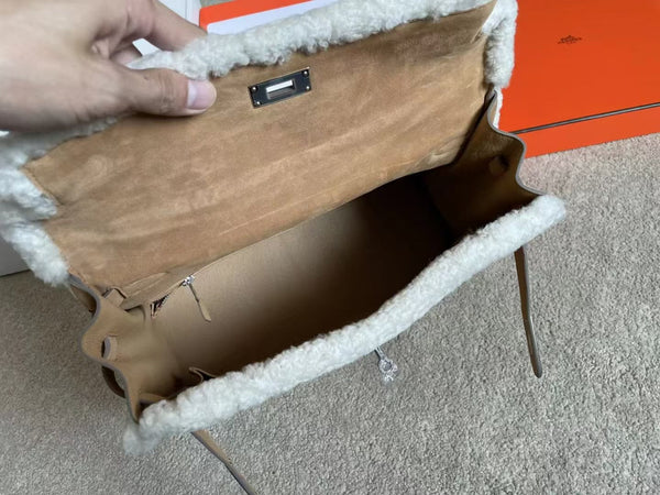 HM Kelly 35cm Teddy Plush Shearling Marrone Chiaro Suede Hardware Palladio