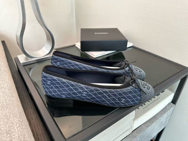 CC 25 Ballet Flat Dark Blue White Quilted Denim