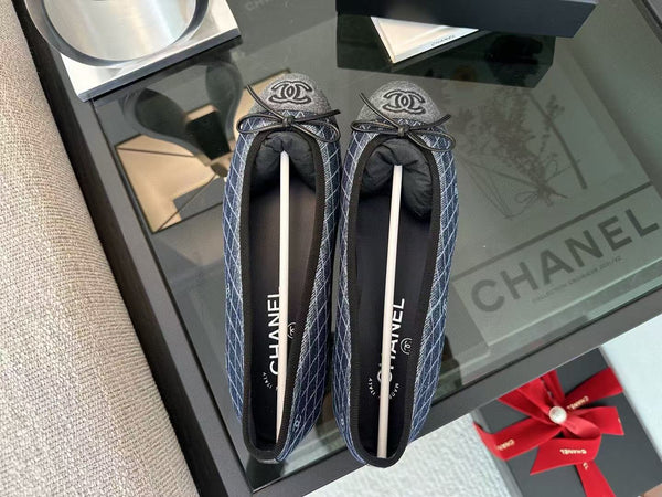 CC 25 Ballet Flat Dark Blue White Quilted Denim