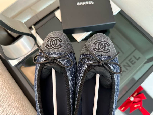 CC 25 Ballet Flat Dark Blue White Quilted Denim