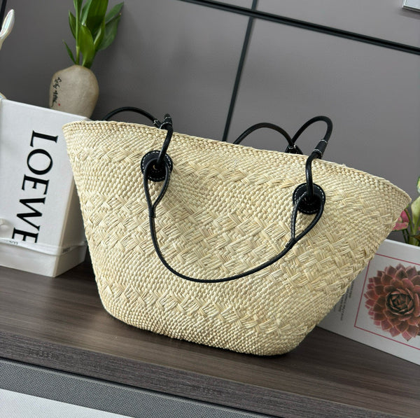 Loew Anagram Basket 46cm Beige Raffia Black Calfskin