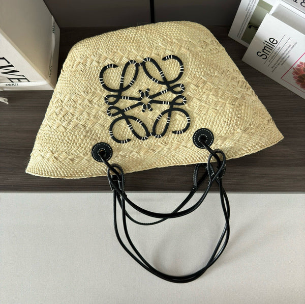 Loew Anagram Basket 46cm Beige Raffia Black Calfskin