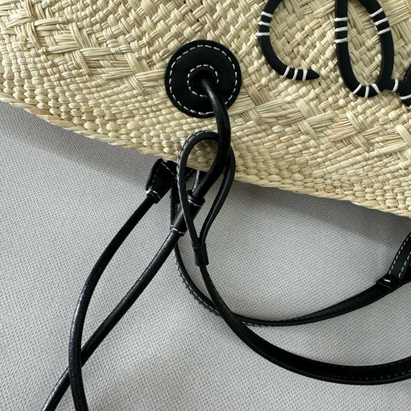Loew Anagram Basket 46cm Beige Raffia Black Calfskin