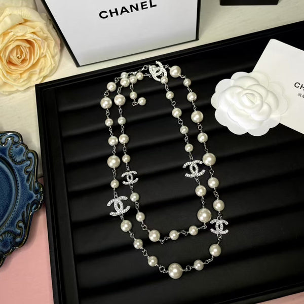 CC Pearl Silver Hardware Long Necklace 65cm with Crystals