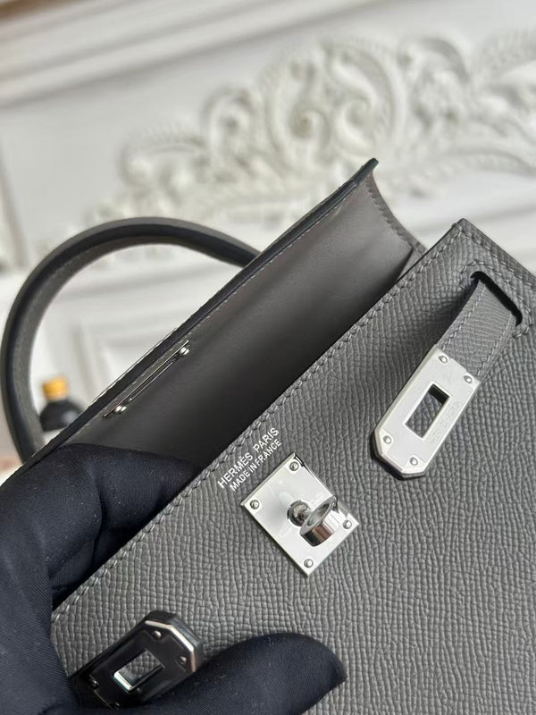 HM Mini Kelly 19cm Charcoal Epsom Silver Hardware