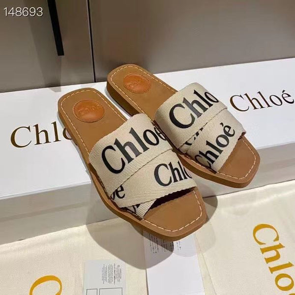 CHLOE WOODY SLIPPER IN BROWN MIX BEIGE CANVAS