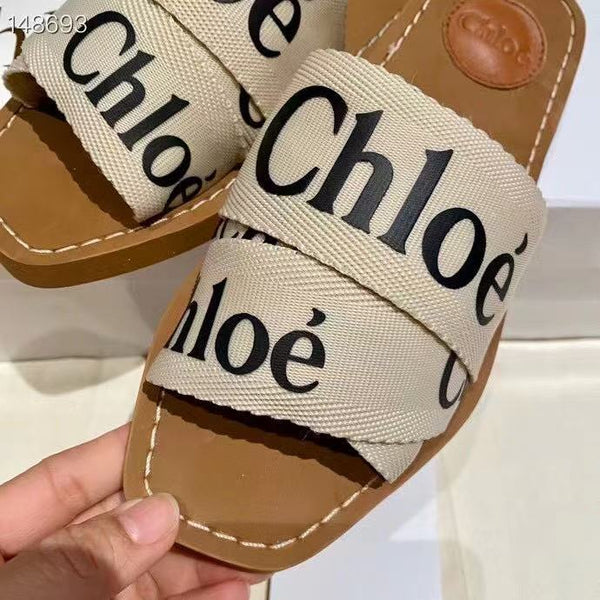 CHLOE WOODY SLIPPER IN BROWN MIX BEIGE CANVAS