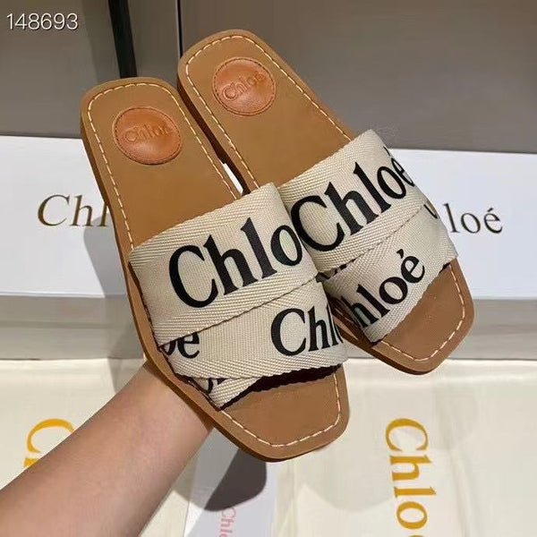 CHLOE WOODY SLIPPER IN BROWN MIX BEIGE CANVAS
