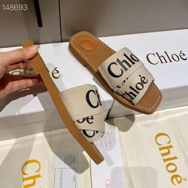 CHLOE WOODY SLIPPER IN BROWN MIX BEIGE CANVAS