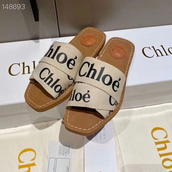 CHLOE WOODY SLIPPER IN BROWN MIX BEIGE CANVAS