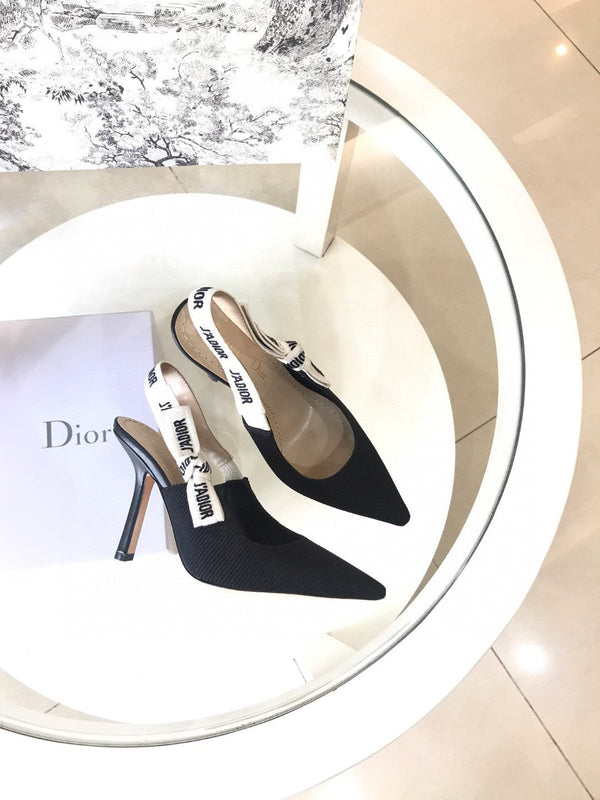 CD Slingback Pump Black Technical Fabric Beige Calfskin