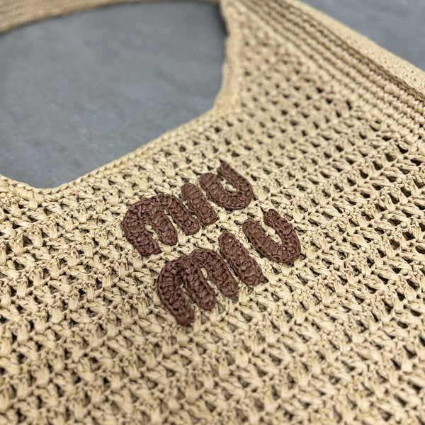 Miu Miu Woven Fabric Hobo Bag 44cm Beige Mix Cognac