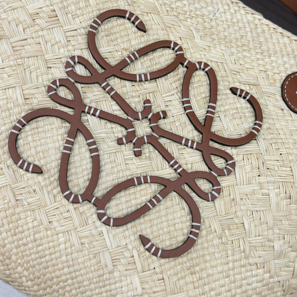LOE ANAGRAM BASKET 46CM BAG IN NATURAL MIX BROWN IRACA PALM AND CALFSKIN