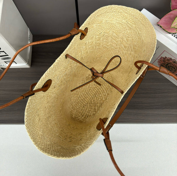 LOE ANAGRAM BASKET 46CM BAG IN NATURAL MIX BROWN IRACA PALM AND CALFSKIN