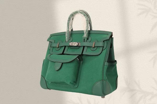 HM Birkin Cargo 25CM in velluto verde con fibbia in argento, pelle Swift e tela
