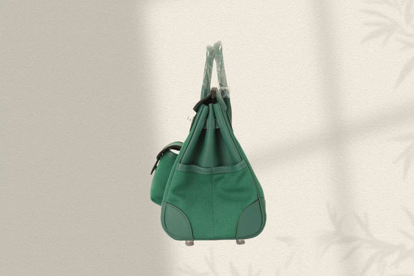 HM Birkin Cargo 25CM in velluto verde con fibbia in argento, pelle Swift e tela