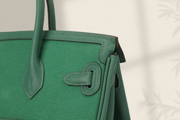 HM Birkin Cargo 25CM in velluto verde con fibbia in argento, pelle Swift e tela