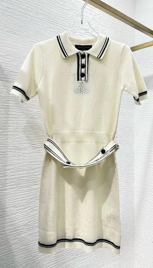 Abito polo in maglia con dettagli a righe, bianco, nero, lana e cashmere