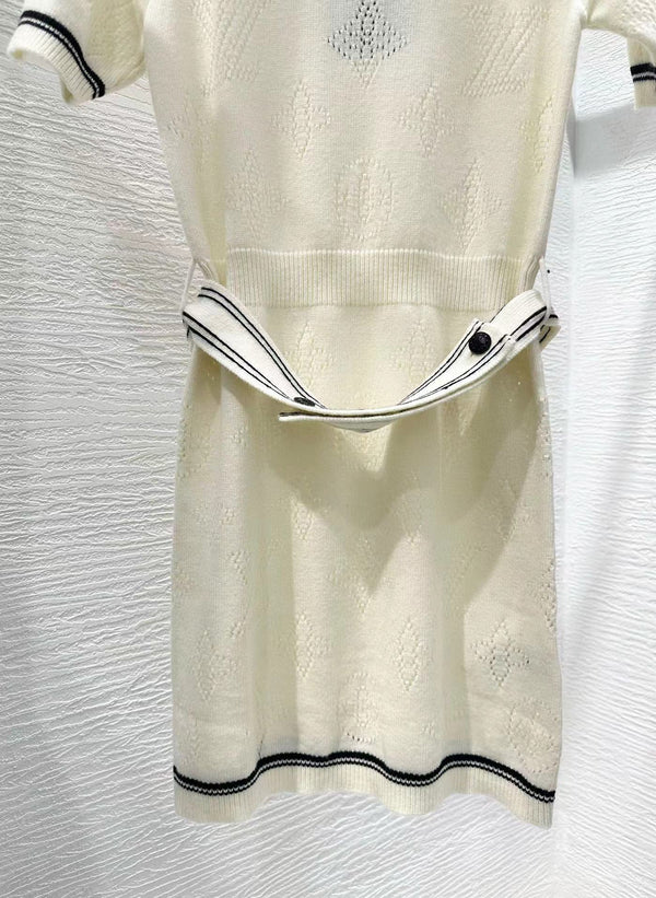 Abito polo in maglia con dettagli a righe, bianco, nero, lana e cashmere