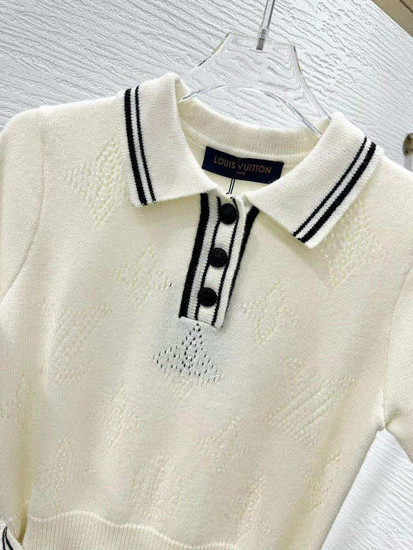 Abito polo in maglia con dettagli a righe, bianco, nero, lana e cashmere
