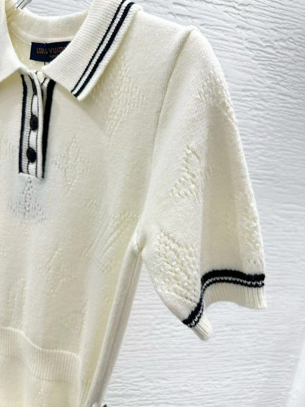 Abito polo in maglia con dettagli a righe, bianco, nero, lana e cashmere