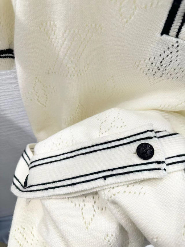 Abito polo in maglia con dettagli a righe, bianco, nero, lana e cashmere