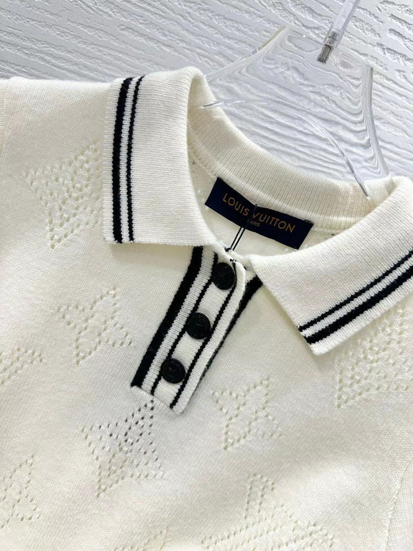 Abito polo in maglia con dettagli a righe, bianco, nero, lana e cashmere
