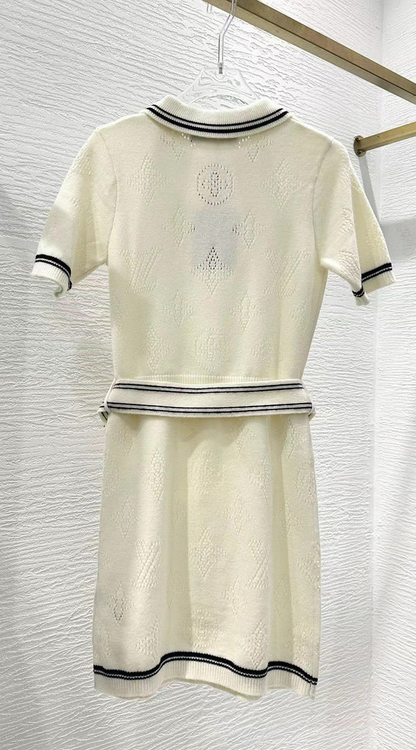 Abito polo in maglia con dettagli a righe, bianco, nero, lana e cashmere