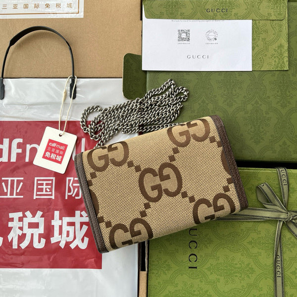 Portafoglio Gucci Jumbo Dionysus con catena in tela marrone e pelle GG originale