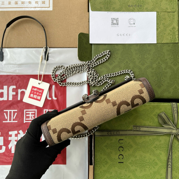 Portafoglio Gucci Jumbo Dionysus con catena in tela marrone e pelle GG originale