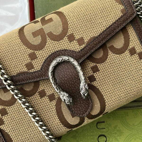 Portafoglio Gucci Jumbo Dionysus con catena in tela marrone e pelle GG originale