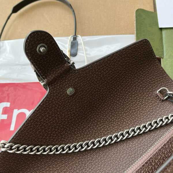 Portafoglio Gucci Jumbo Dionysus con catena in tela marrone e pelle GG originale