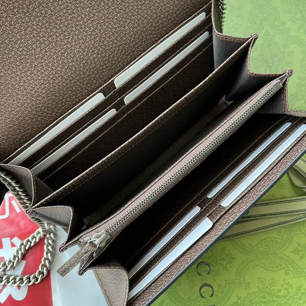 Portafoglio Gucci Jumbo Dionysus con catena in tela marrone e pelle GG originale