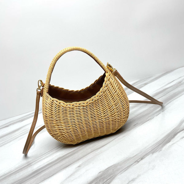 MIU WANDER 20 WICKER HOBO BAG IN TAN/ CAMERAL TAN