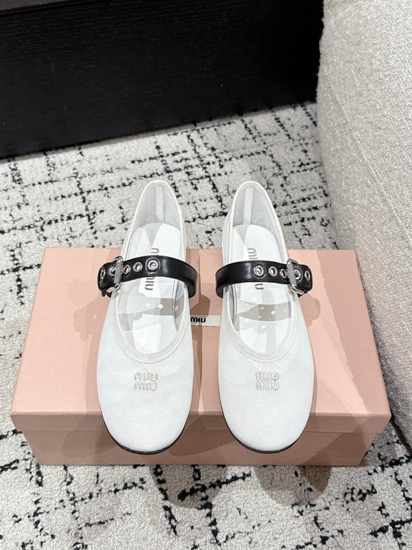 Miu Mary Jane Flat White Mesh Fabric