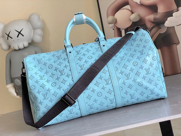 LV Keepall Bandouliere 50 Travel Bag Light Blue Monogram Calfskin