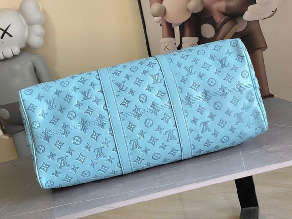 LV Keepall Bandouliere 50 Travel Bag Light Blue Monogram Calfskin