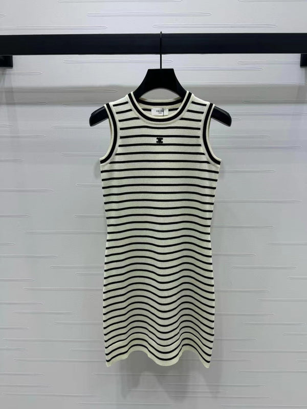 Triomphe Striped Mini Dress Black White Crocheted Cotton