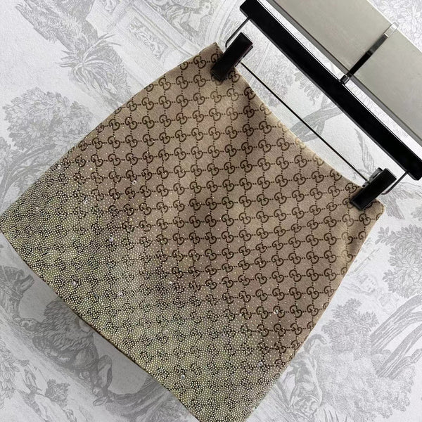 GG Brown Mix Light Green Canvas Mini Skirt With Embroidery