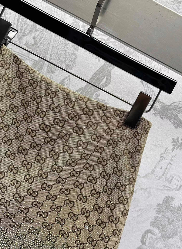 GG Brown Mix Light Green Canvas Mini Skirt With Embroidery