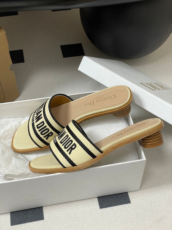 CD Dway Heeled Slide 35mm Natural Raffia and Deep Blue Embroidered Cotton