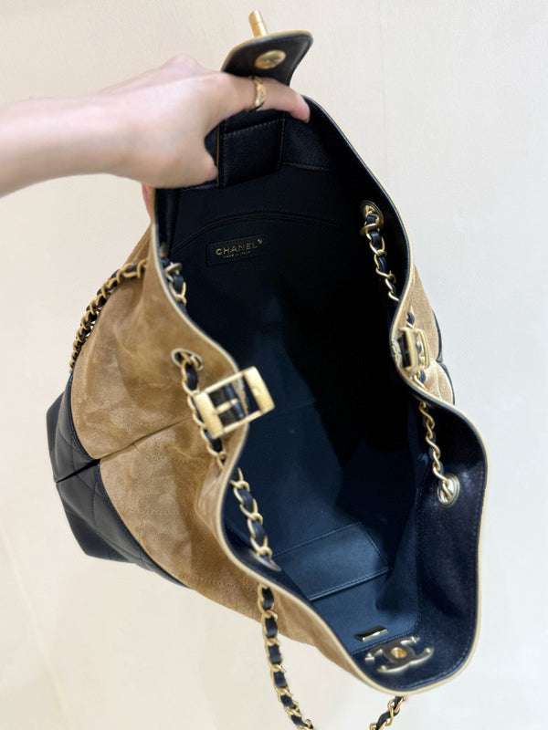 CC 25A Shopping And Bowling Hobo Bags 36cm Brown Suede Black Lambskin