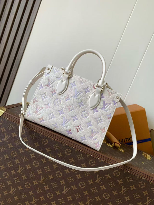 LV OnTheGo 25cm Bag White Purple Pink Embossed Grained Cowhide