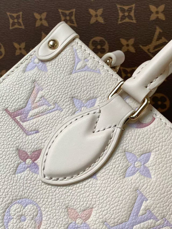LV OnTheGo 25cm Bag White Purple Pink Embossed Grained Cowhide