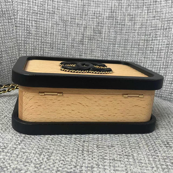 Chanel Beech Vanity Case Beige Black Wood Calfskin