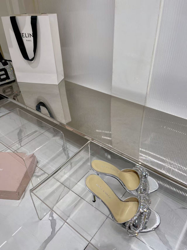 Mach & Mach Double Bow Metallic Mules 65mm Silver calfskin