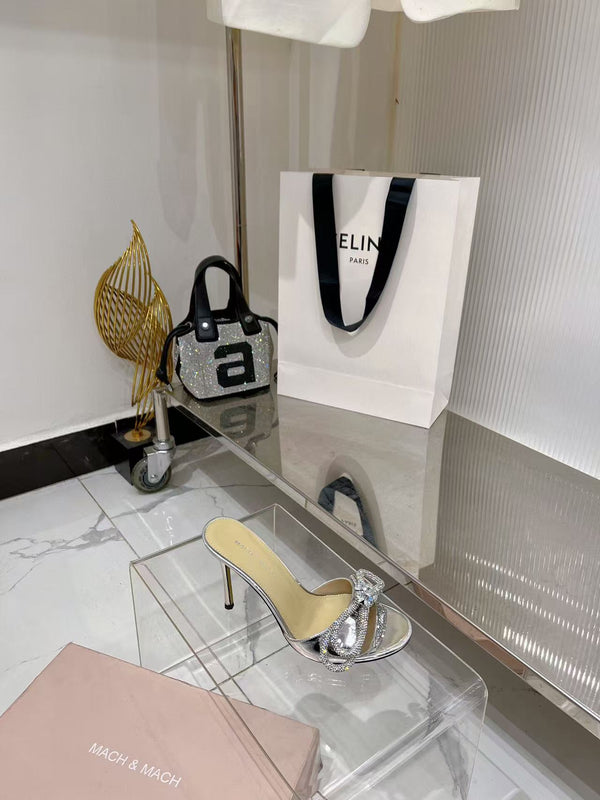 Mach & Mach Double Bow Metallic Mules 65mm Silver calfskin